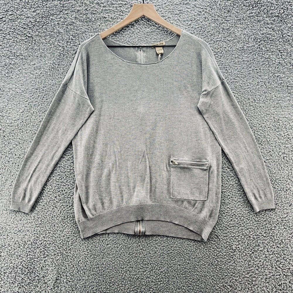 Vertical Design Sweater Gray Knit Long Sleeve Orange Back Zip